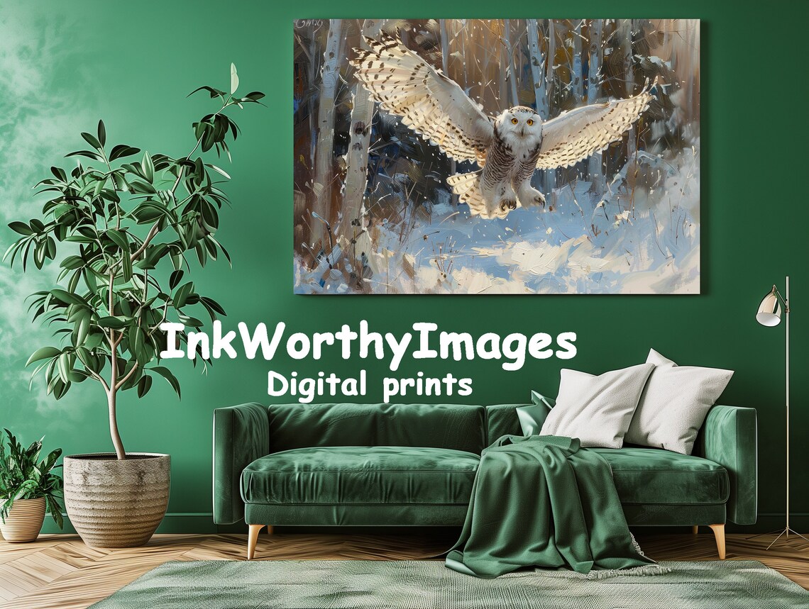 Snowy Owl In Flight, Winter Forest Wildlife Art Print - Image 2