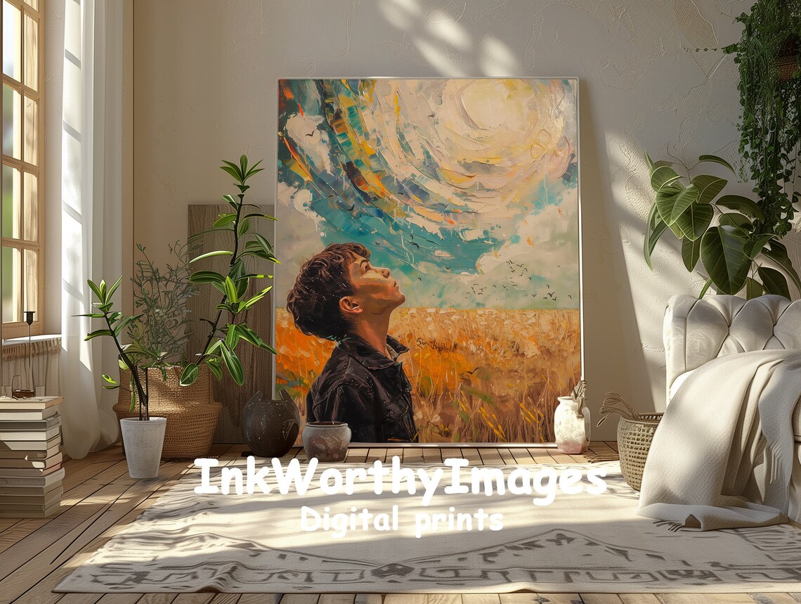 Boy Gazing At Swirling Sky, Inspirational Art Print - Image 3