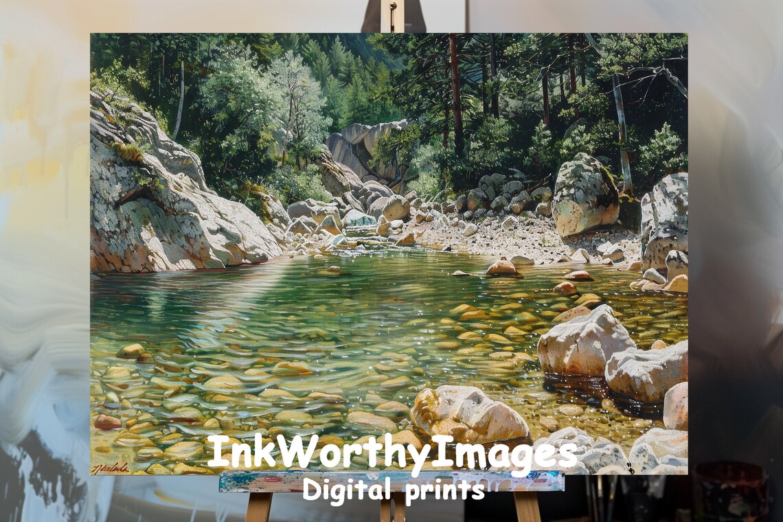 Clear Mountain Stream, Tranquil Waterscape Art Print
