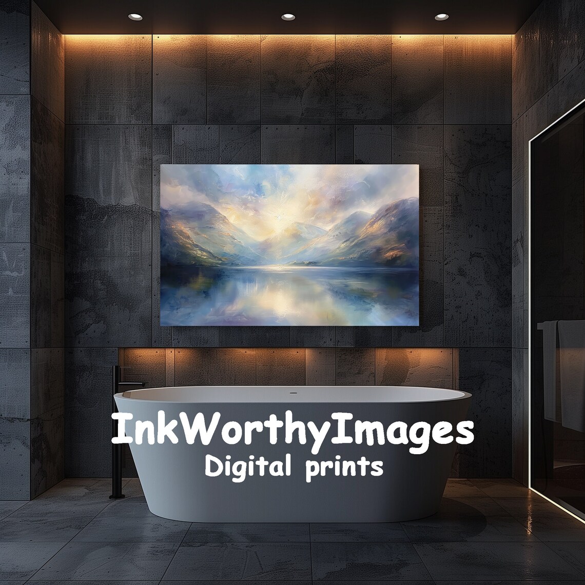 Tranquil Mountain Lake, Misty Morning Landscape Art - Image 5
