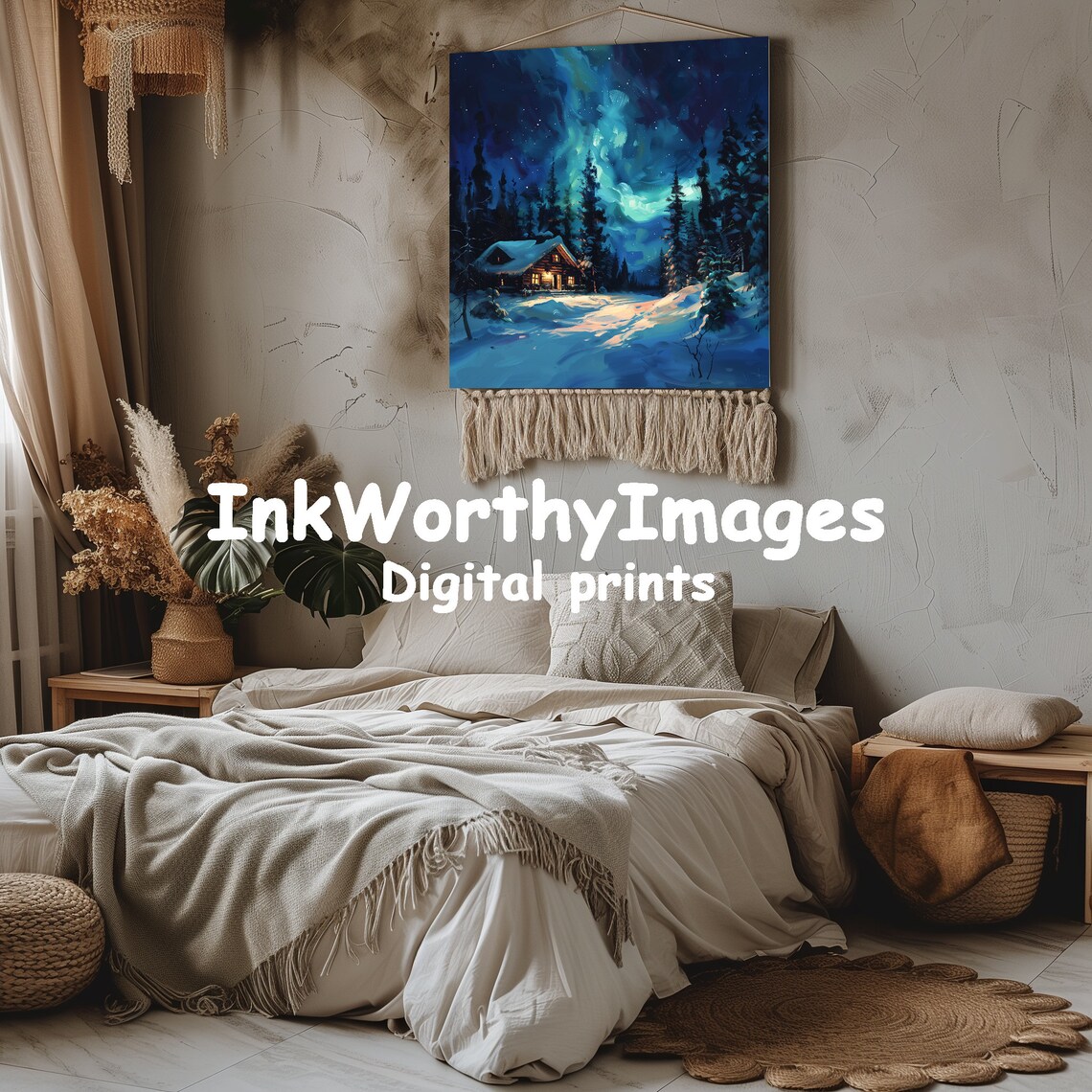 Winter Cabin Under Northern Lights, Cozy Snow Scene - Image 3