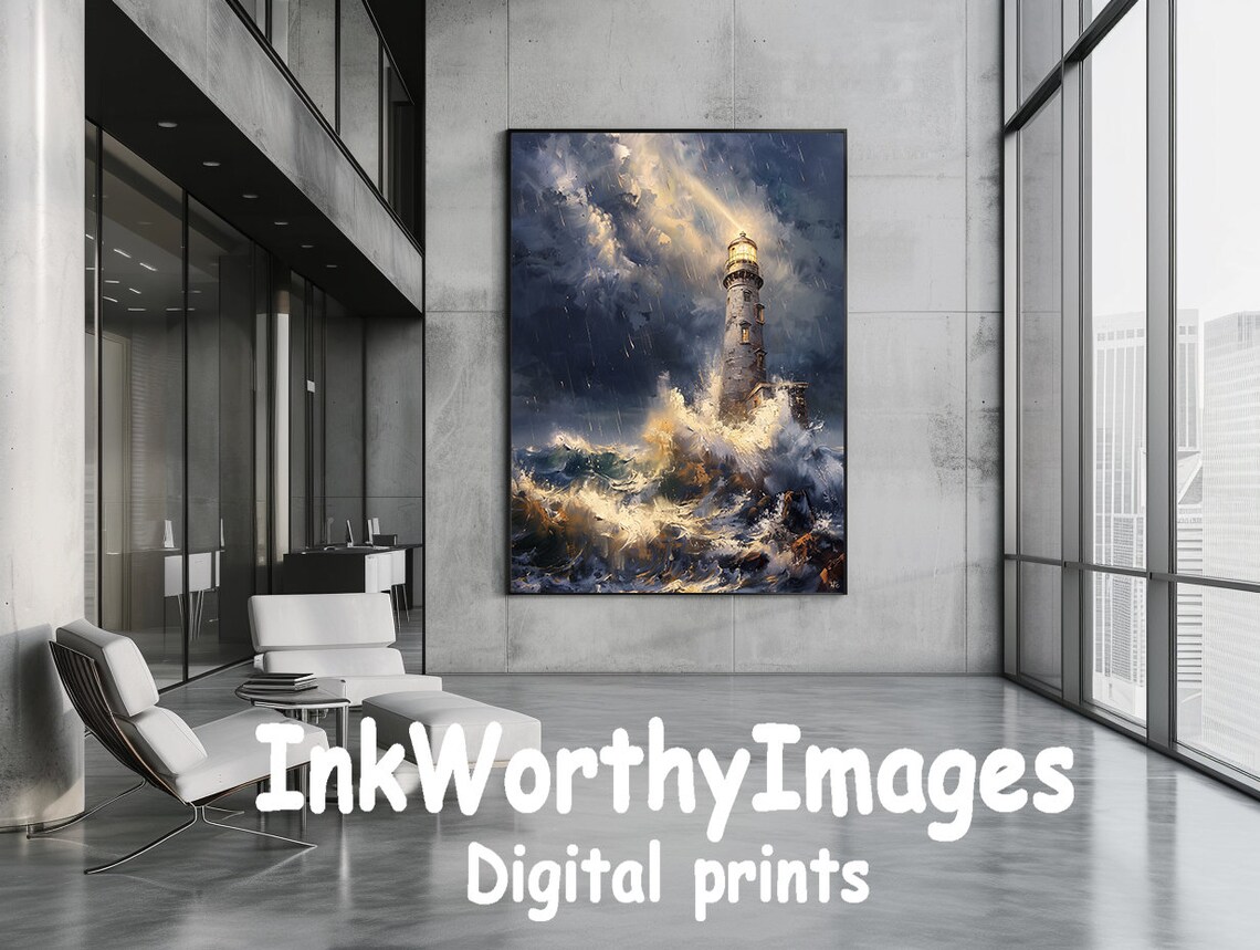 Stormy Lighthouse Scene, Dramatic Seascape Art Print - Image 2