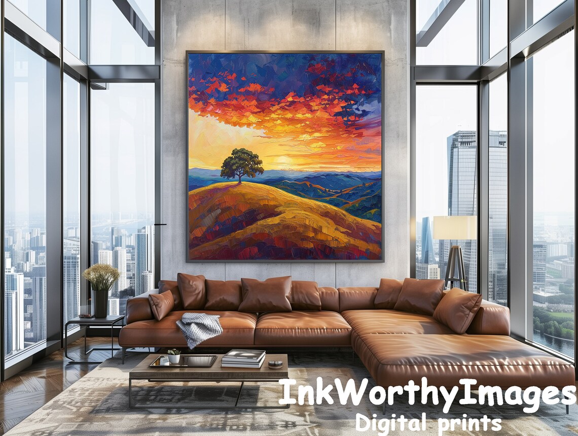 Vibrant Sunset Landscape, Colorful Tree Hill - Image 2