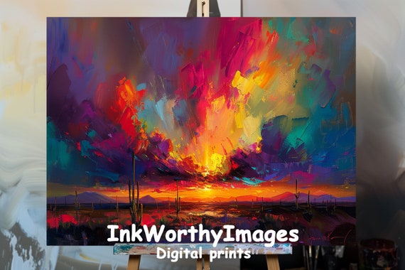 Desert Sunset Abstract Cactus Painting, Nature Art