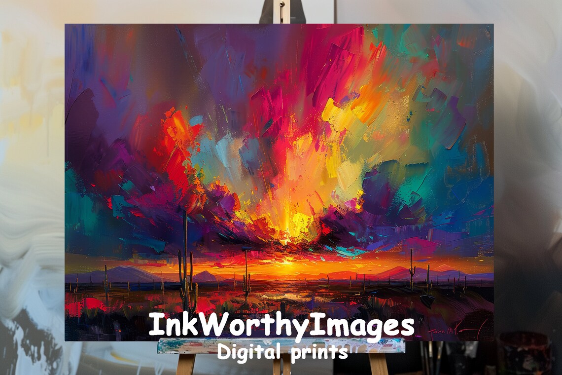 Desert Sunset Abstract Cactus Painting, Nature Art