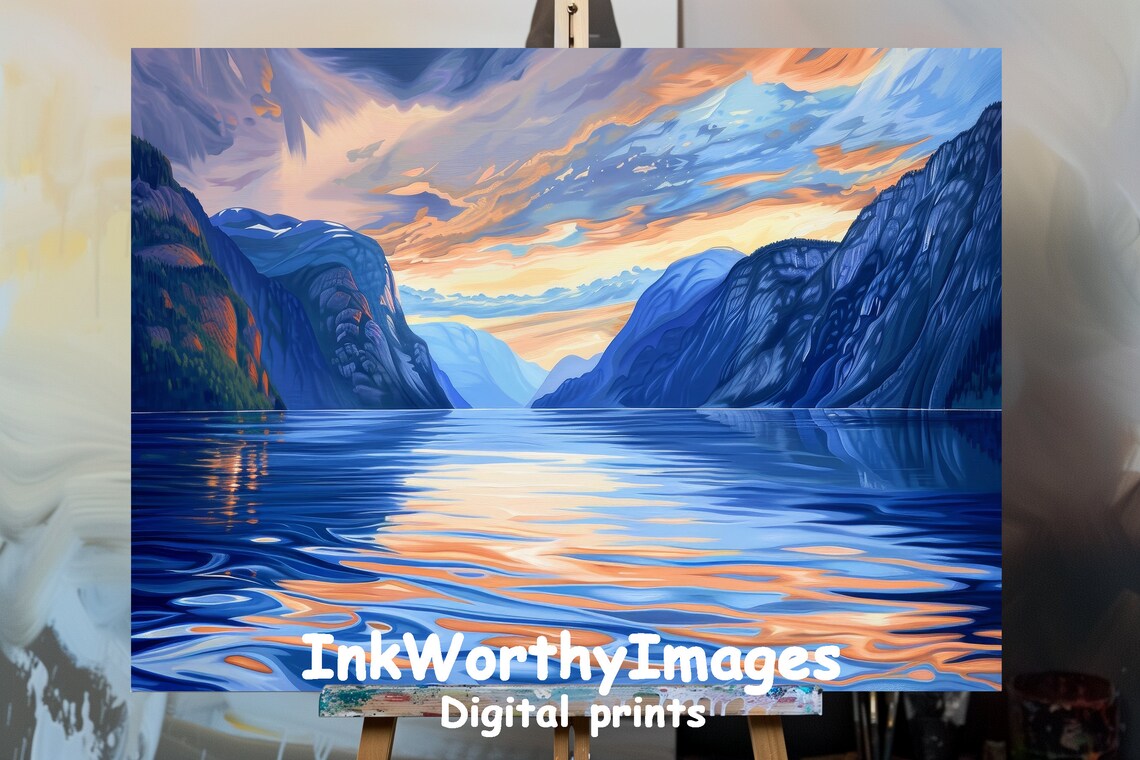 Sunset Fjord Landscape Painting, Vibrant Nature Scene