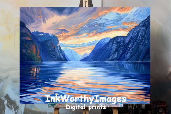 Sunset Fjord Landscape Painting, Vibrant Nature Scene