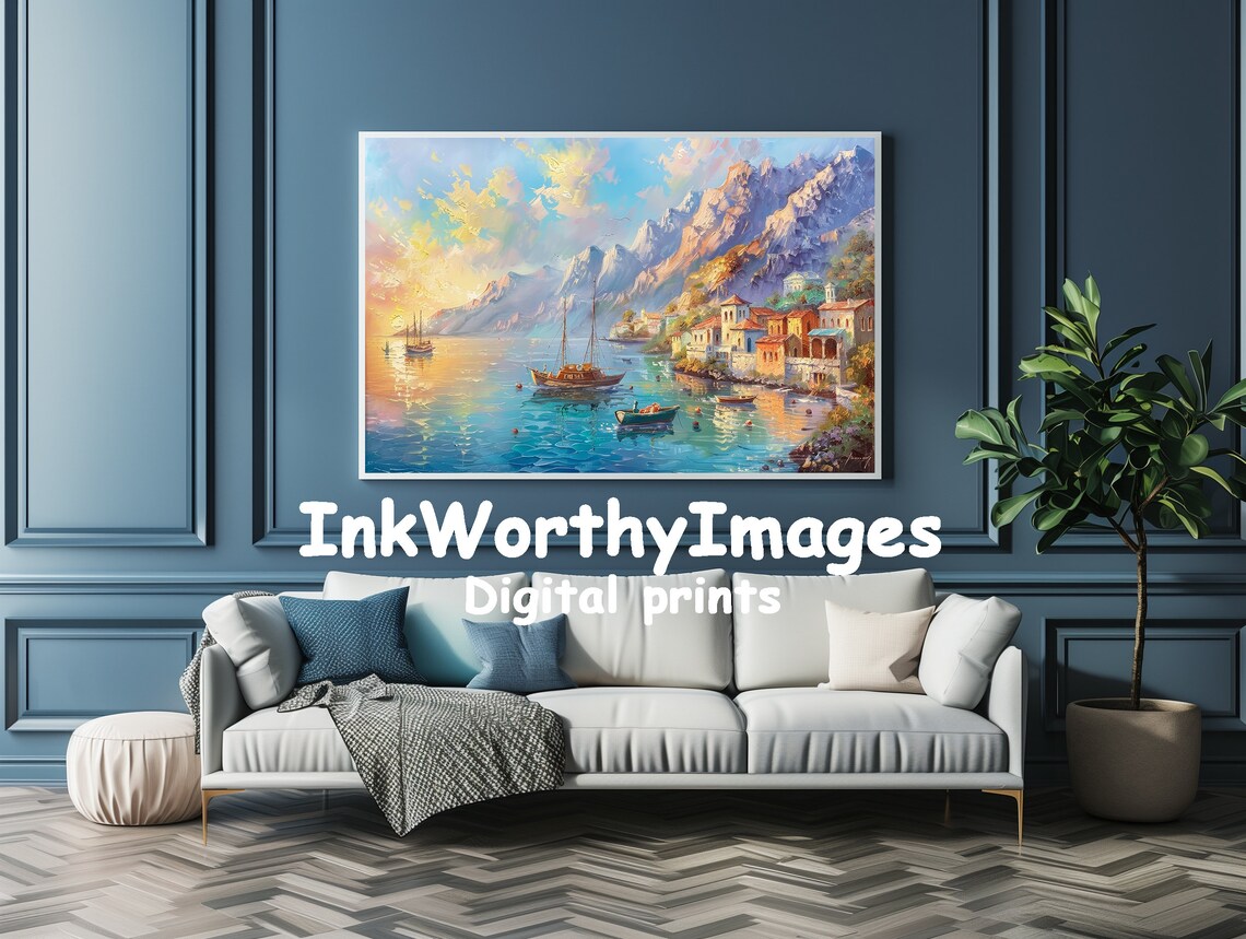 Mediterranean Coastal Village Sunset Seascape Art Print - Image 4