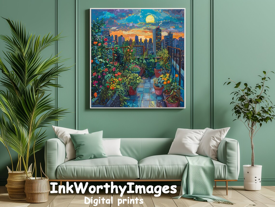 Urban Balcony Garden At Sunset, Lush Cityscape - Image 3