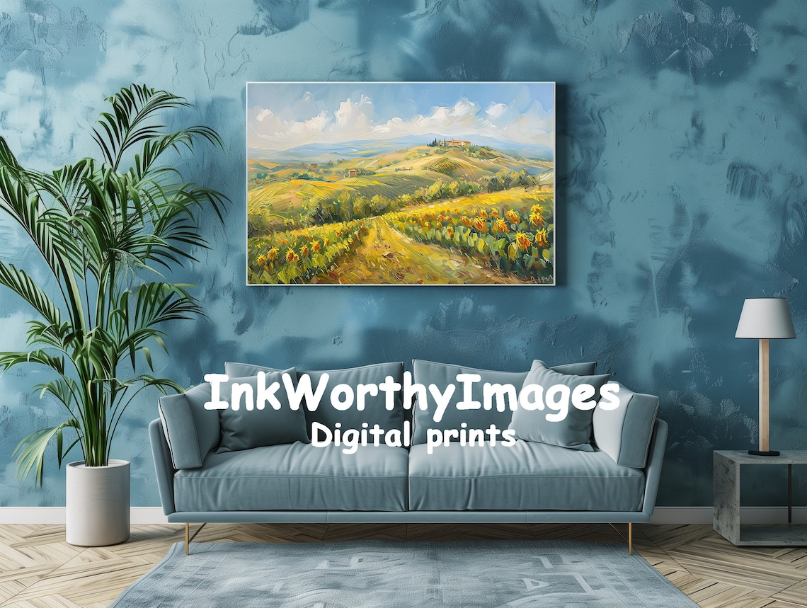 Sunflower Fields Landscape, Tuscan Countryside Art - Image 2