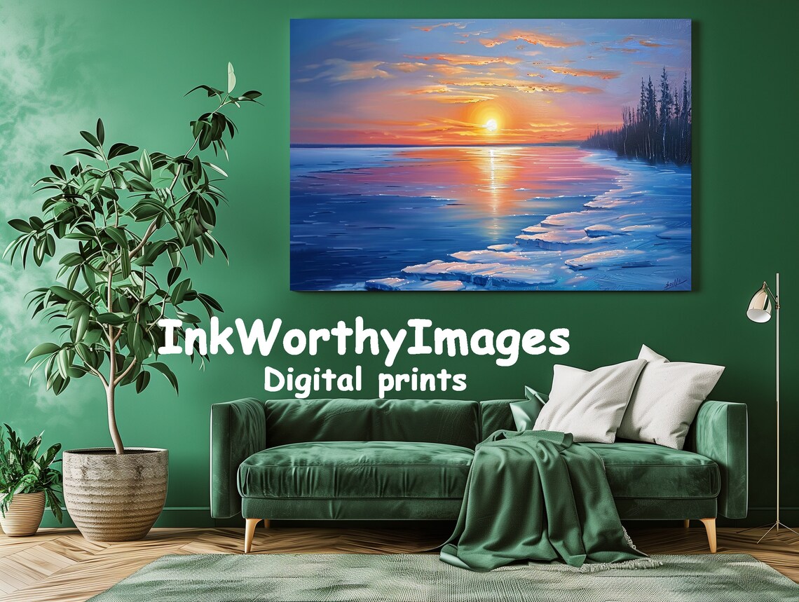 Vibrant Sunset Winter Landscape, Frozen Lake Art - Image 2