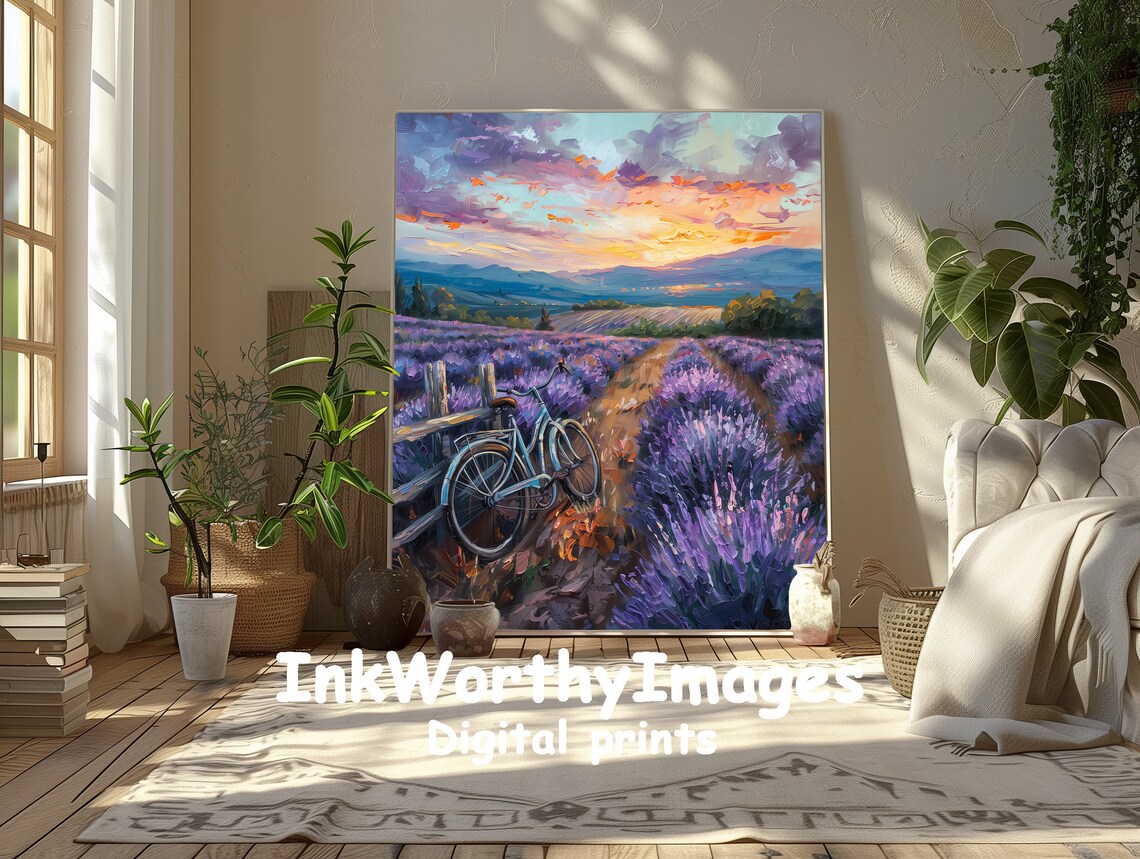 Lavender Field Sunset With Bicycle Painting - Image 6