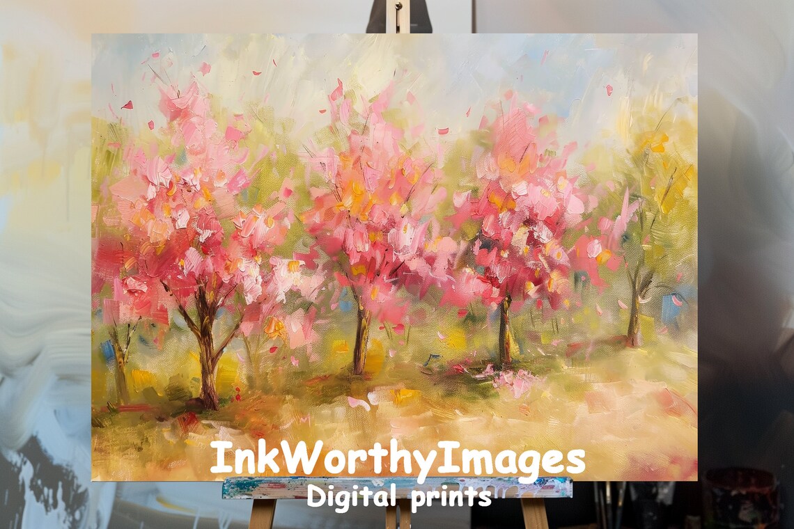 Blossoming Cherry Trees Art Print, Spring Landscape