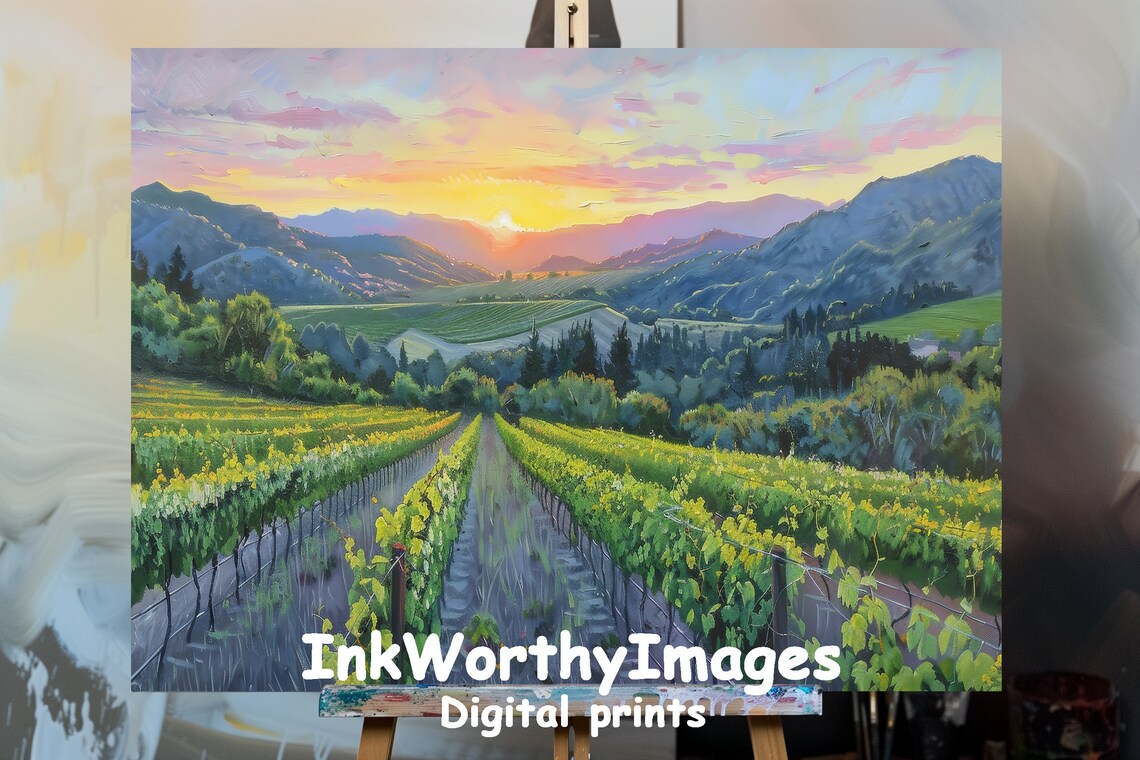 Sunset Over Vineyard, Italian Countryside Landscape