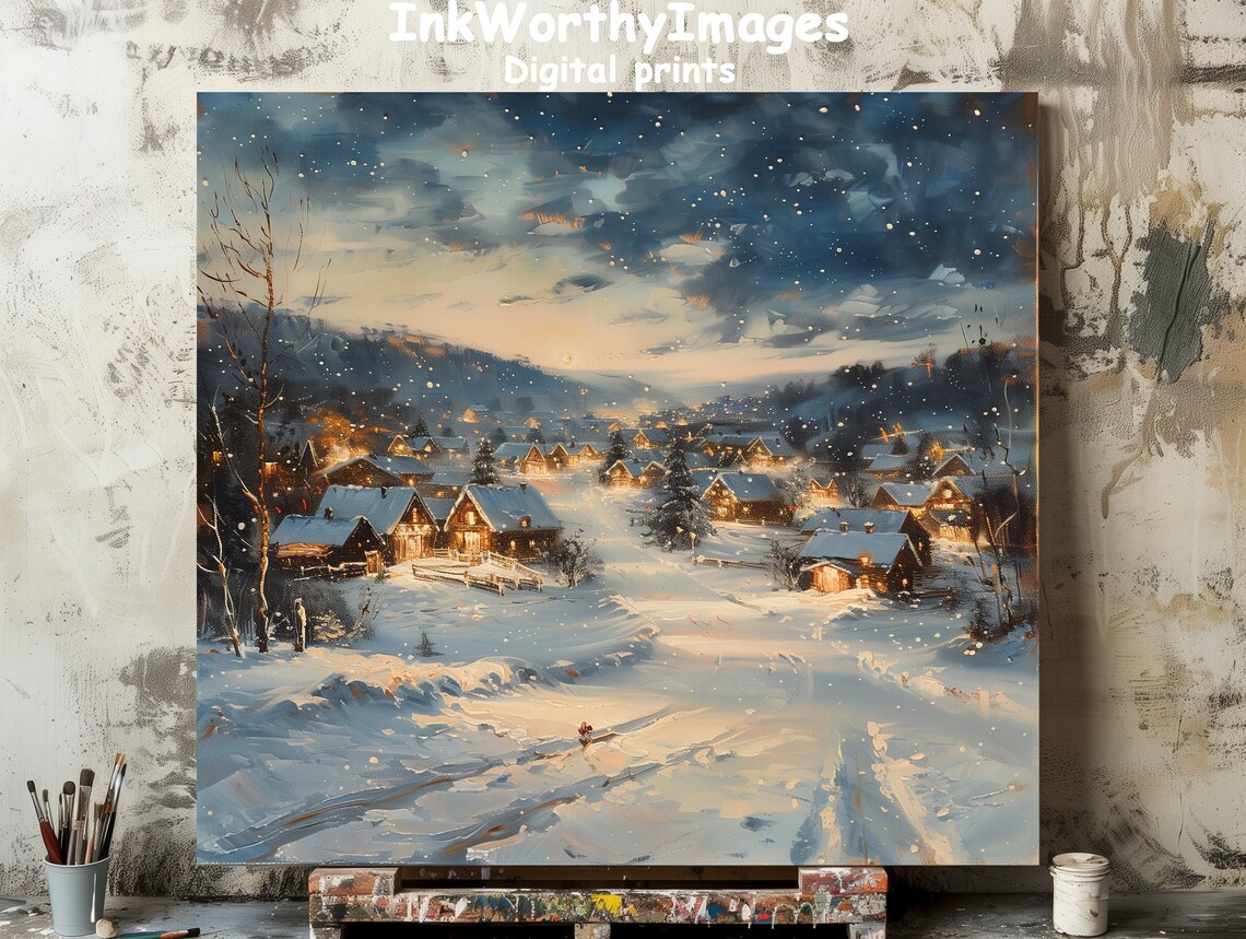Winter Village Scene, Snowy Night Landscape