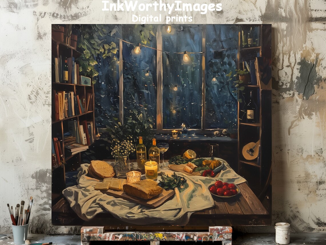 Evening Feast, Cozy Dining Scene Art Print