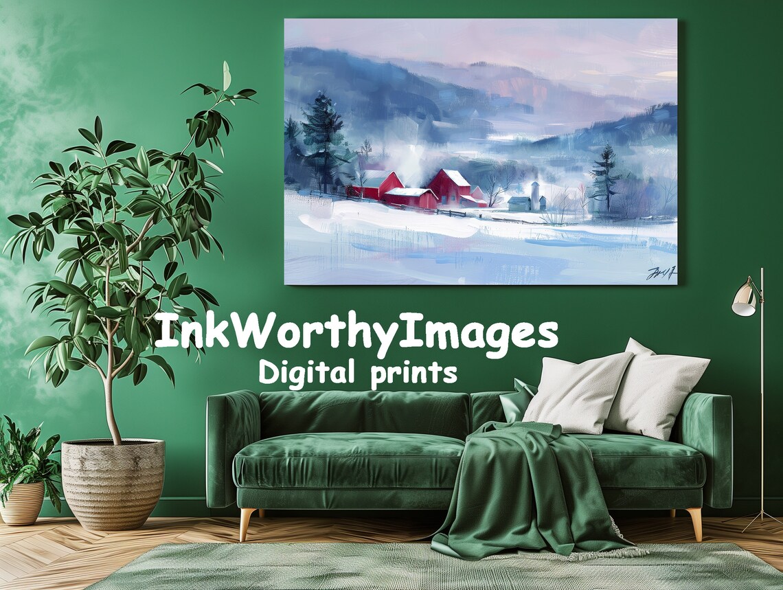 Snowy Farm Scene, Red Barn And Silo Winter Landscape - Image 3
