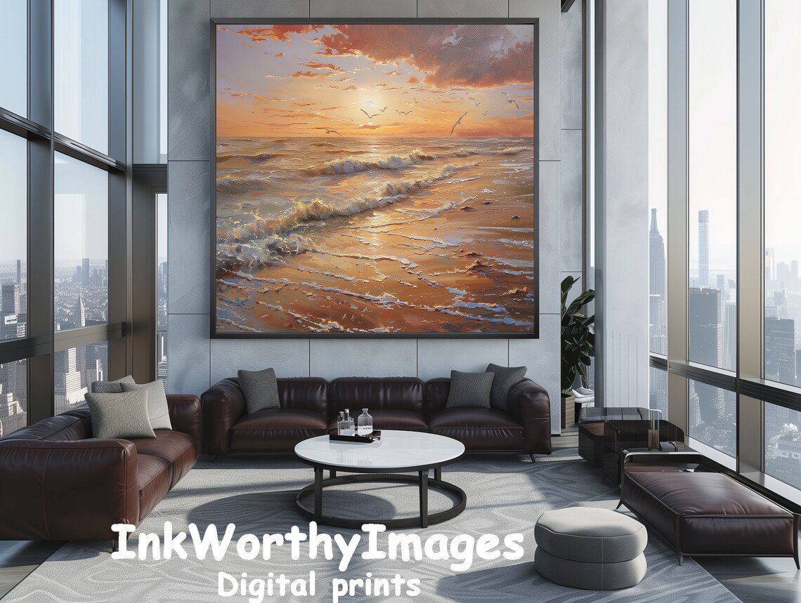 Sunset Beach Scene, Tranquil Ocean Waves Art - Image 4