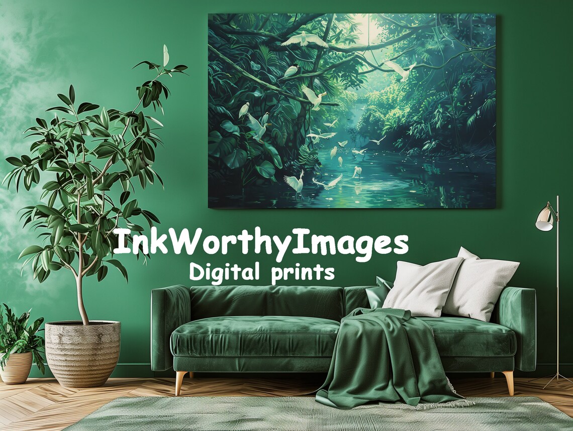 Tranquil Jungle River Tropical Bird Scene - Image 2