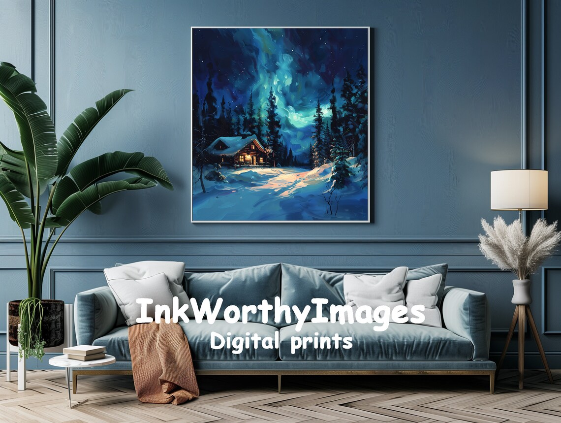 Winter Cabin Under Northern Lights, Cozy Snow Scene - Image 2