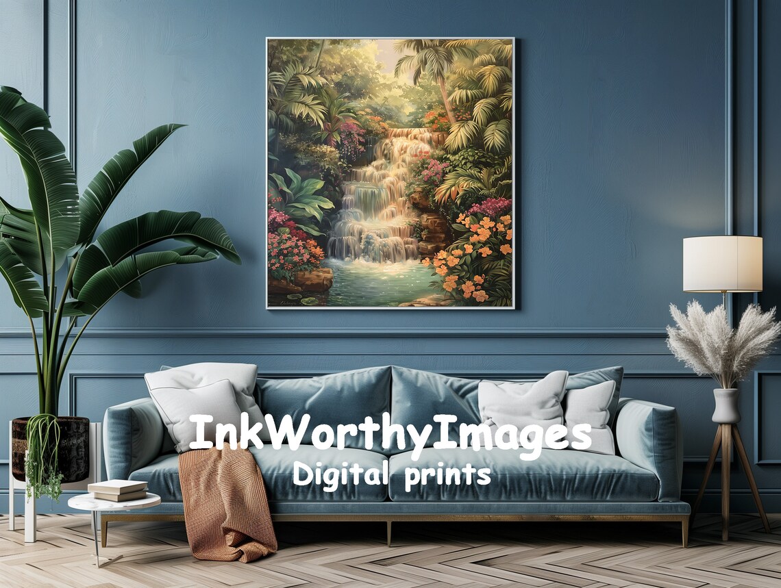 Tropical Waterfall Paradise Painting, Exotic Landscape - Image 4