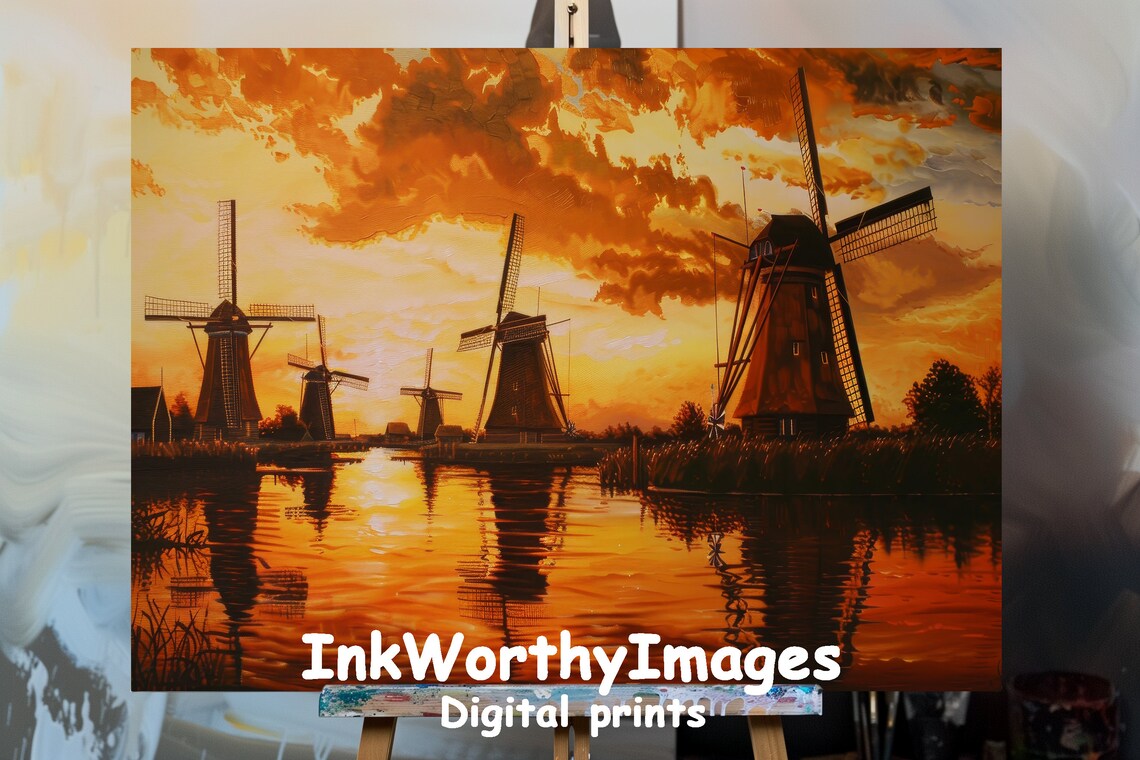Golden Windmill Sunset, Dutch Windmills Landscape