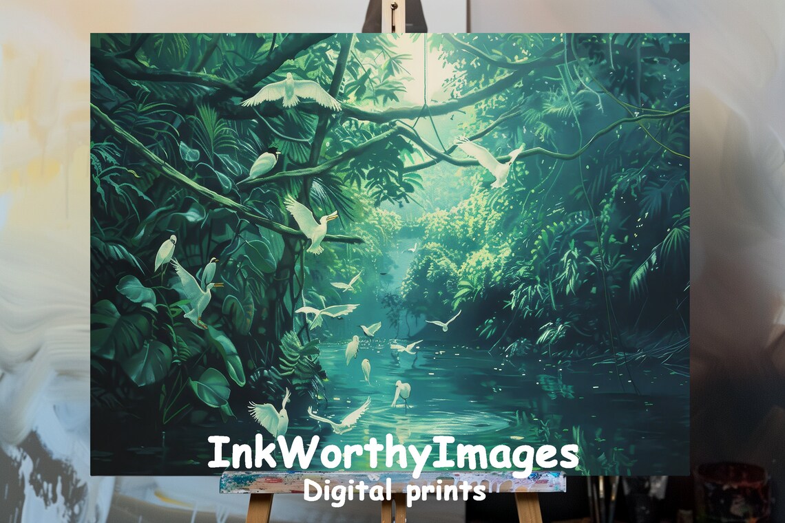 Tranquil Jungle River Tropical Bird Scene