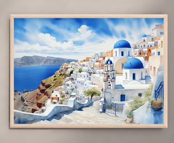 Santorini Greece Watercolor Travel Poster