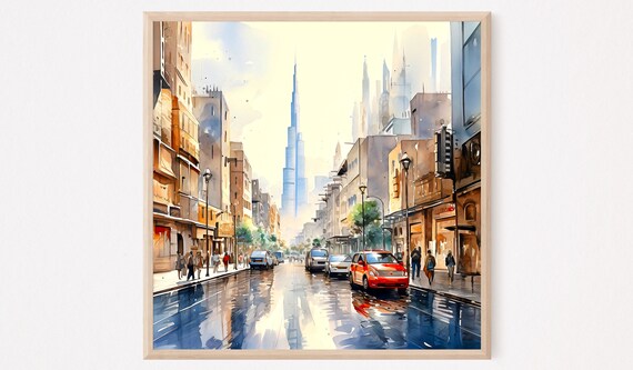 Dubai Skyline Watercolor Art Print Modern Arabian Travel Poster