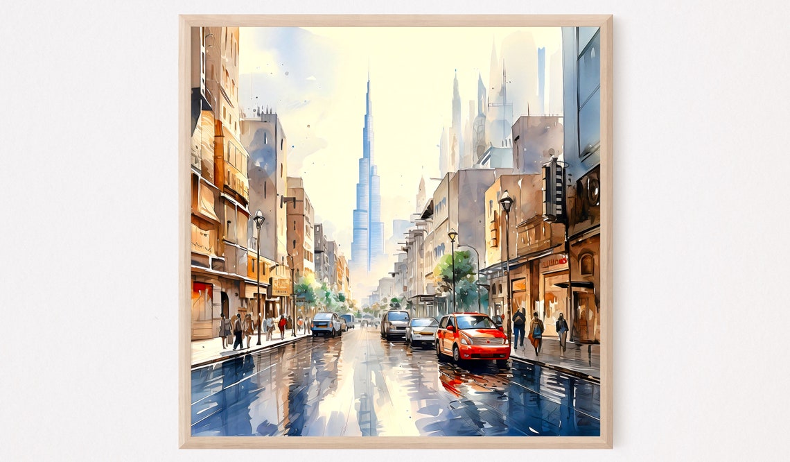 Dubai City Street With Burj Khalifa Skyscraper Watercolor Poster
