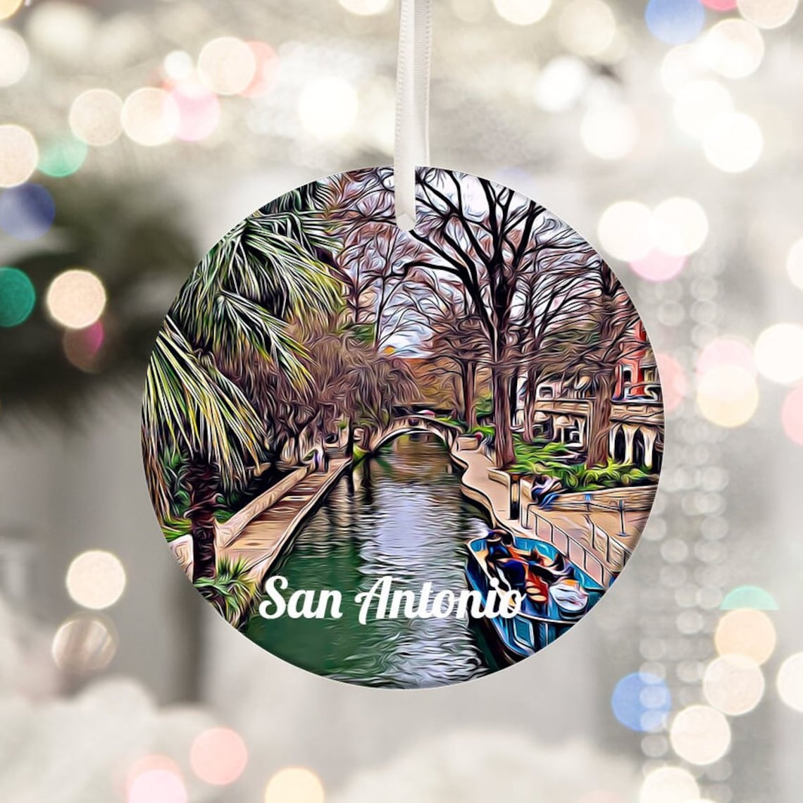 San Antonio Texas River Walk Canal Boat Round Ornament Poster