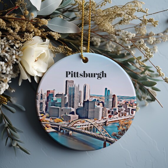 Pittsburgh Skyline Steel Bridge Round Christmas Ornament Print