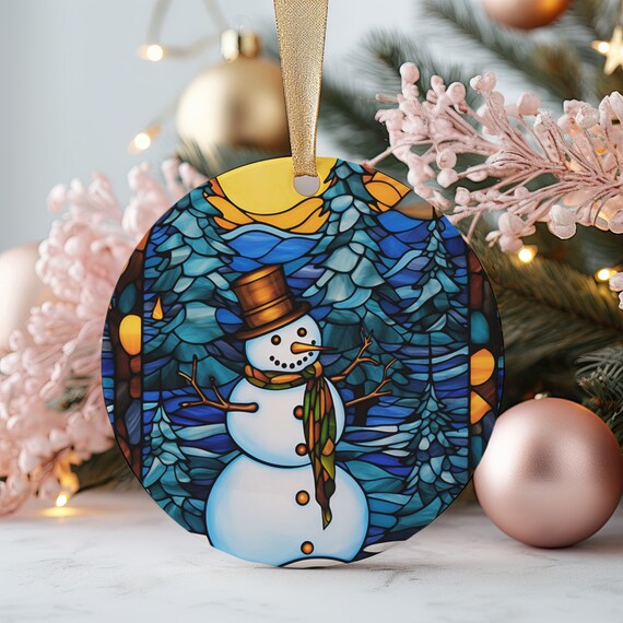 Stained Glass Snowman Winter Night Round Christmas Ornament Poster