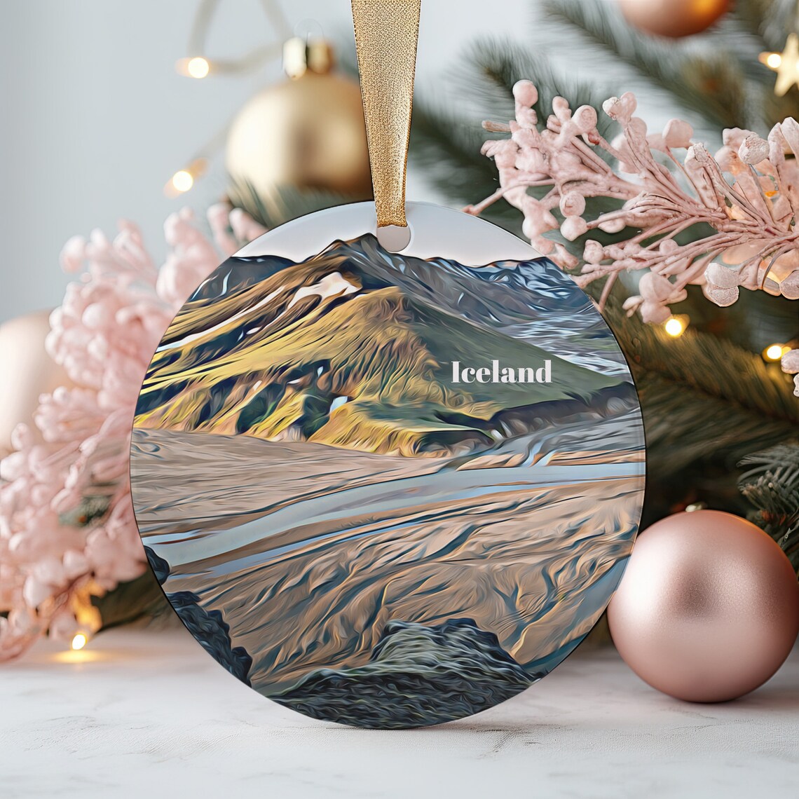 Iceland Mountain Valley Braided River Round Christmas Ornament Poster