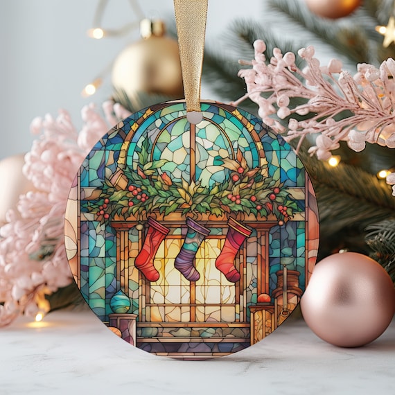 Stained Glass Stockings Round Christmas Ornament Art Print with Garland