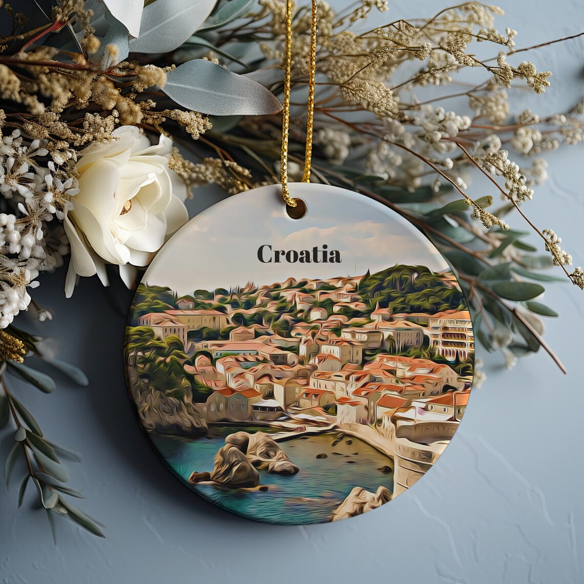 Croatia Old Town Red Roofs Harbor Coastline Christmas Ornament Poster