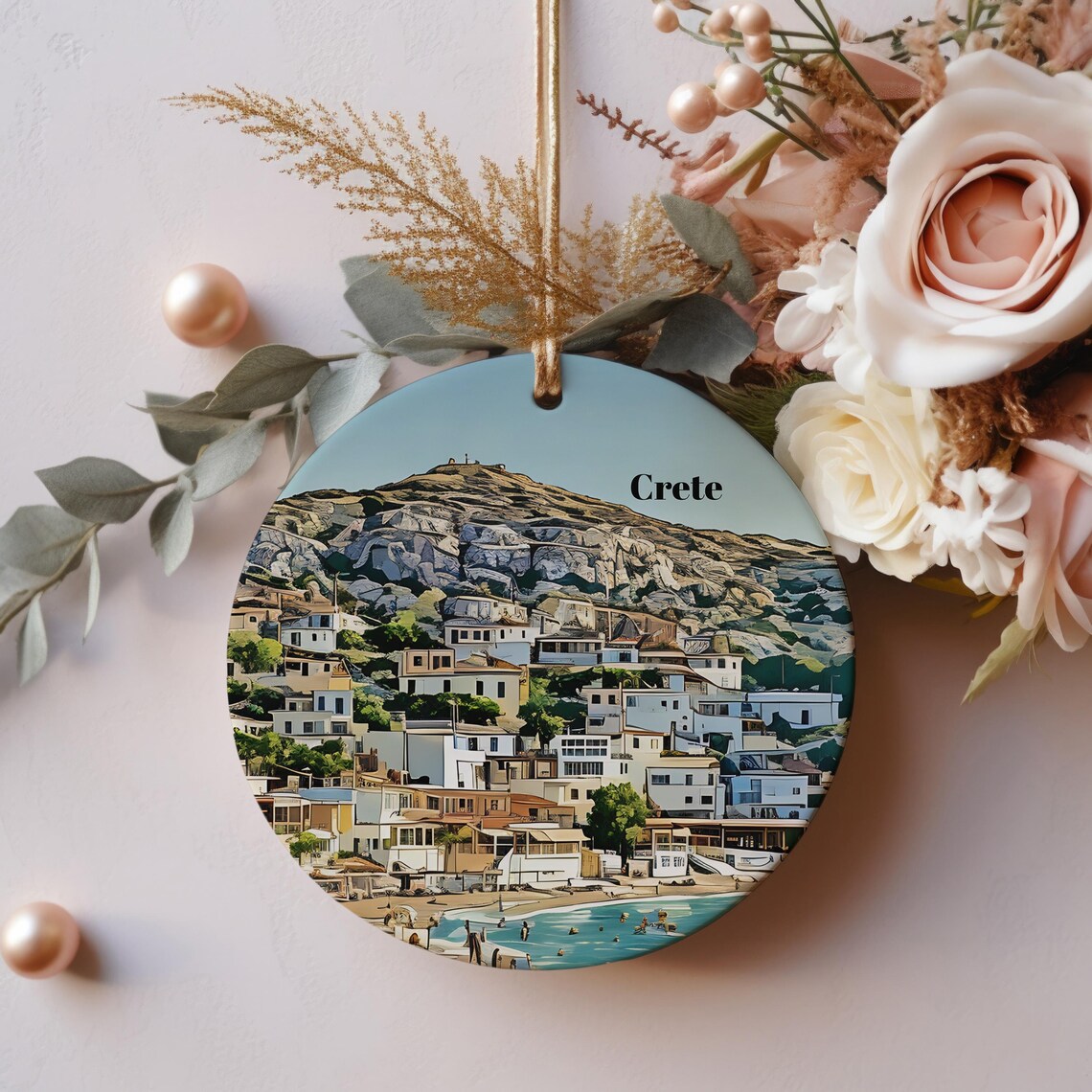 Crete Greece Whitewashed Village And Turquoise Beach Christmas Ornament Print
