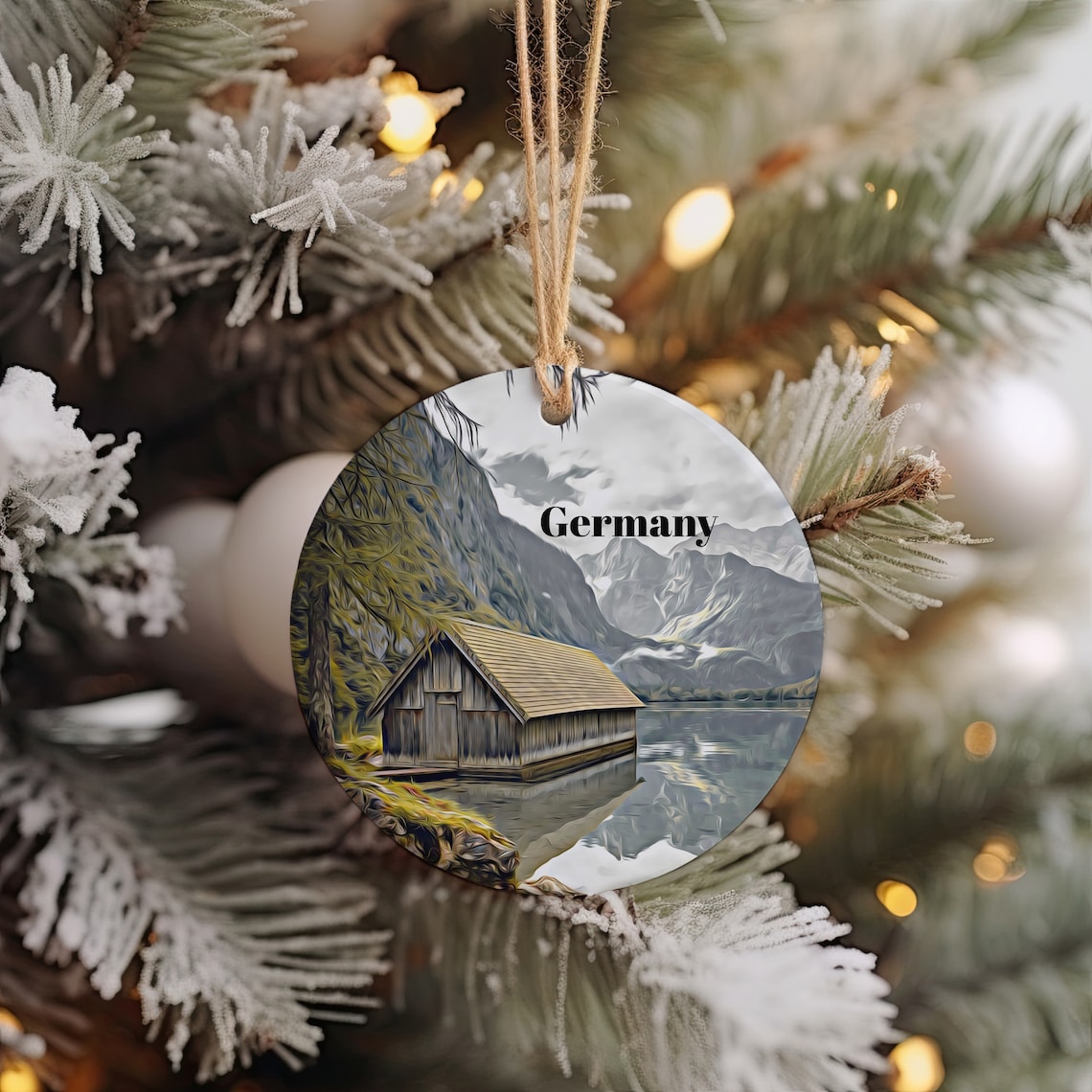 Germany Alpine Lake Boathouse Mountain View Christmas Ornament Print