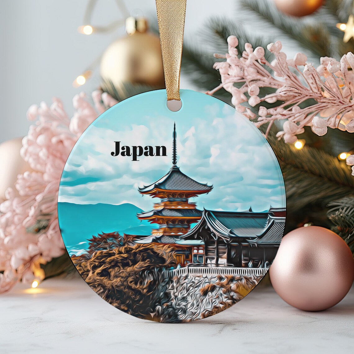 Japan Pagoda Temple Scenic Watercolor Christmas Ornament Poster