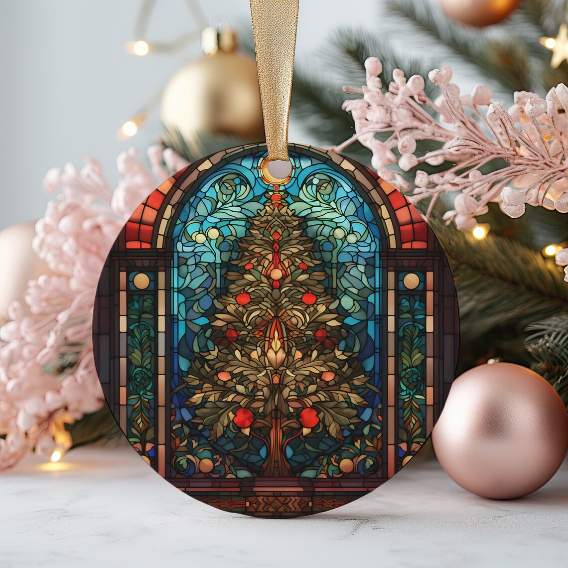 Stained Glass Christmas Tree with Red Berries Round Ornament Art Print