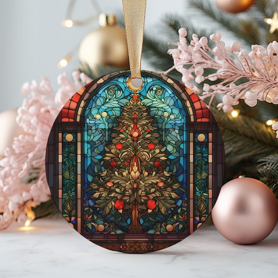 Stained Glass Christmas Tree with Red Berries Round Ornament Art Print