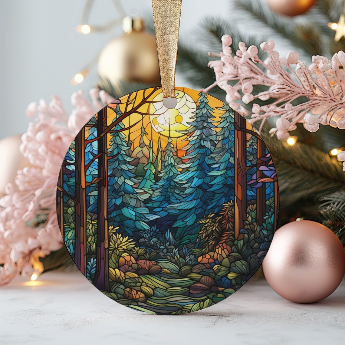 Sunset Pine Forest Stained Glass Christmas Ornament Art Poster