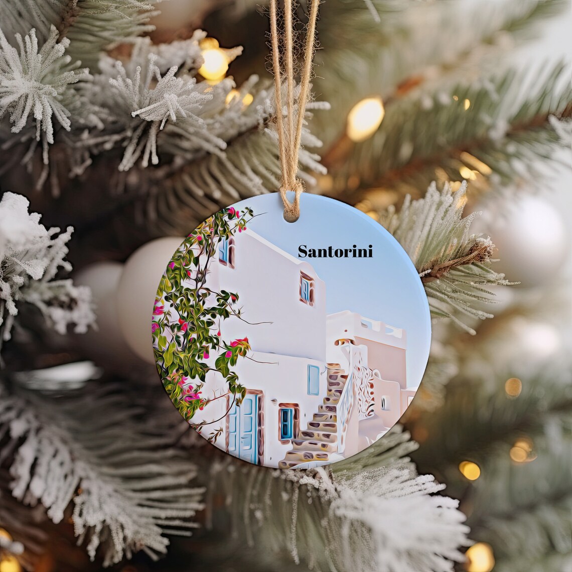 Santorini Greece Christmas Ornament Round Travel Souvenir Print