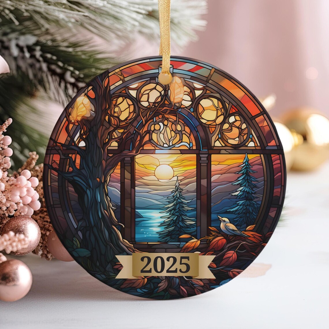 2025 Stained Glass Sunset Lake Window Pines Bird Holiday Keepsake Print