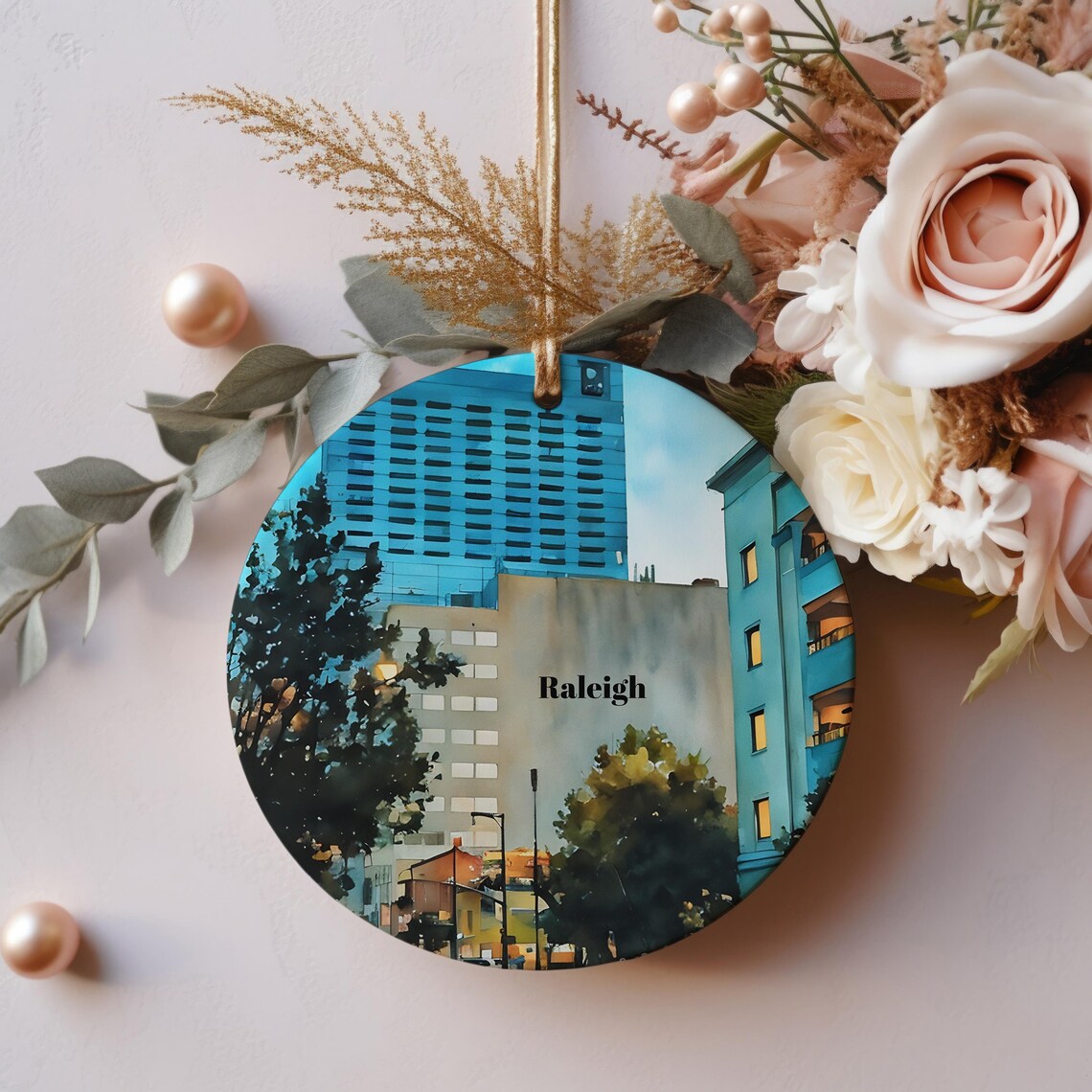 Raleigh City Downtown Round Ceramic Christmas Ornament Print