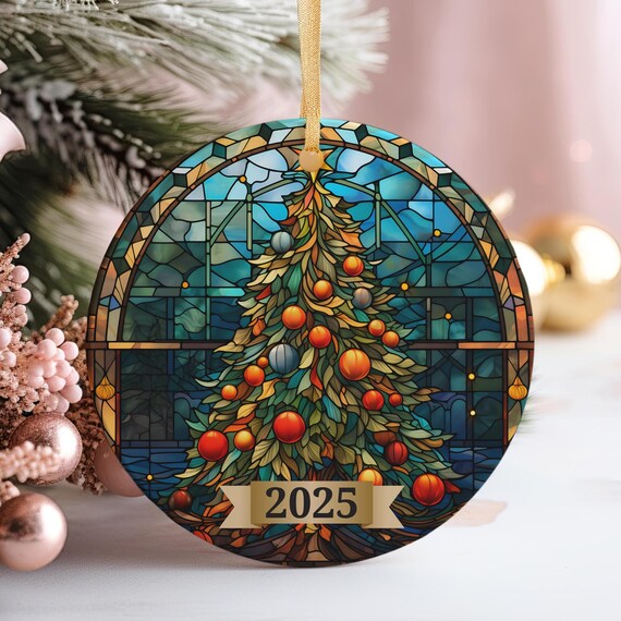 Rainbow Stained Glass Christmas Tree Night Ornament Holiday Print