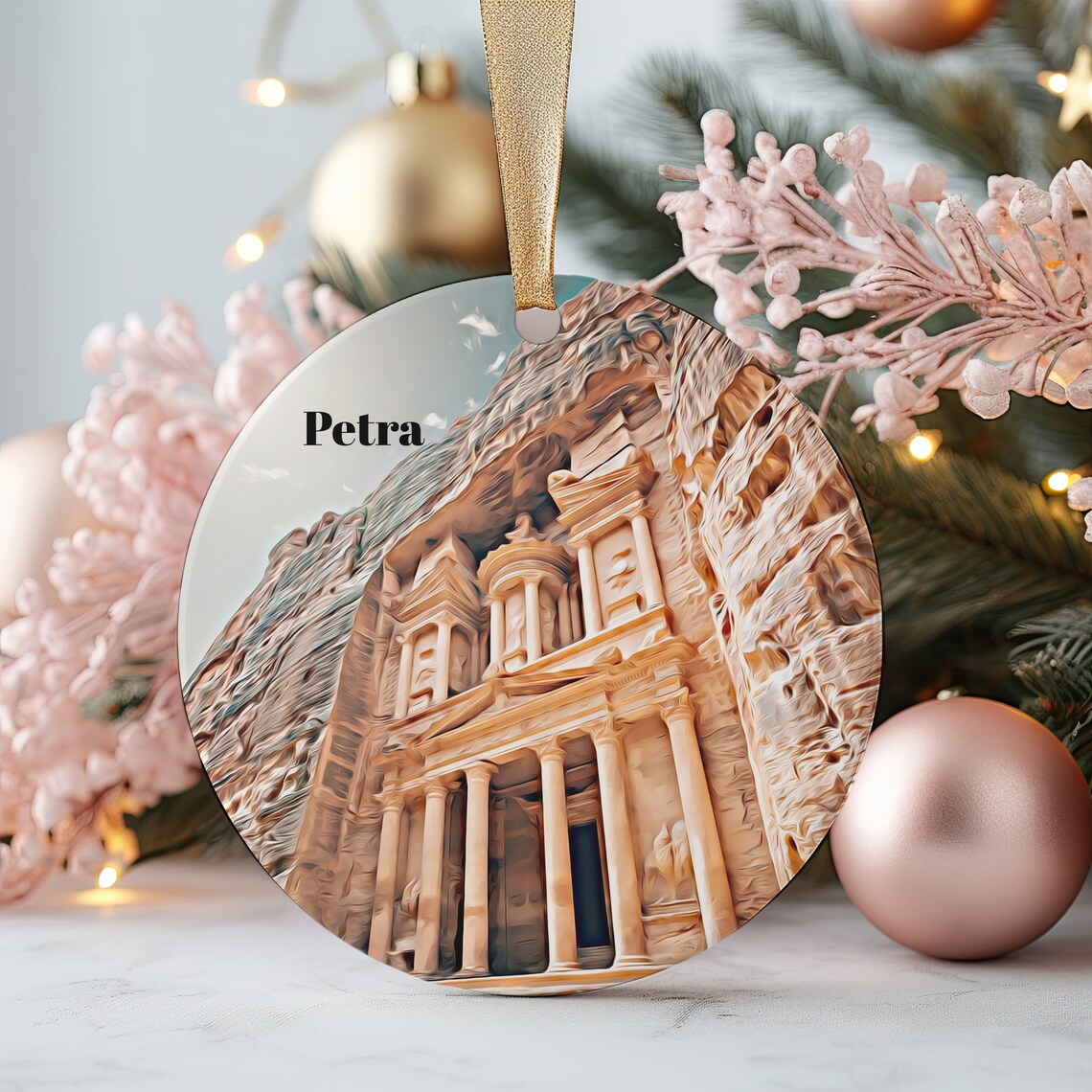Petra Jordan Christmas Ornament Treasury Watercolor Travel Poster