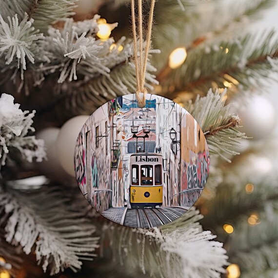 Lisbon Portugal Yellow Tram Old Town Street Round Ornament Print