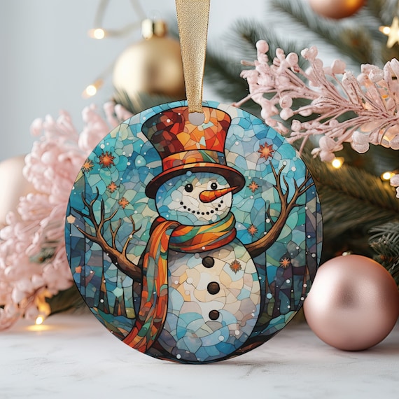 Cheerful Snowman Stained Glass Mosaic Winter Holiday Poster Art