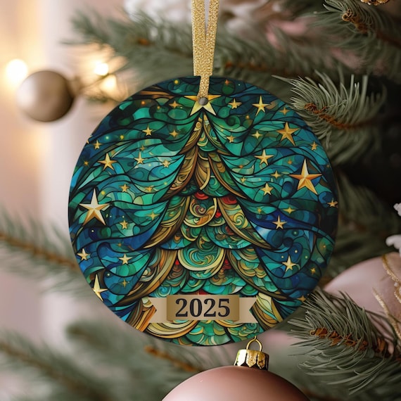 2025 Stained Glass Christmas Tree Ornament Print Teal Gold Holiday Keepsake